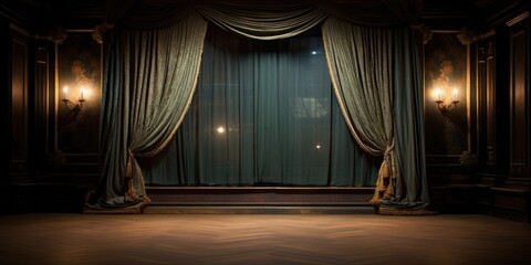 Dimly lit room with drapes in front of antique windows.