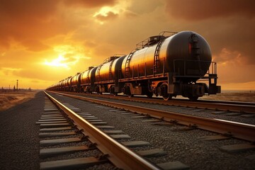 Train transporting petroleum in tank wagons. Generative AI - obrazy, fototapety, plakaty