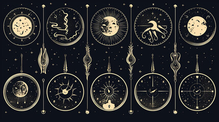 illustration set of moon phases different style on black background