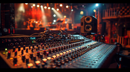 Exciting stage setup for live production, motion blur, vibrant lights. Wide-format scene with hand-modified generative AI, capturing the energy of creative rehearsal.