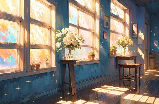 花が咲いている幻想的な部屋