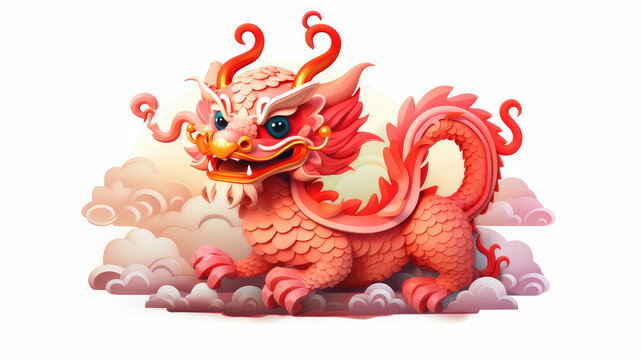 enchanting red chinese dragon in clouds, isolated white background. high-resolution image for holiday marketing, thematic educational content, and creative projects