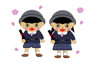 卒園式　かわいい園児たちと桜のイラスト