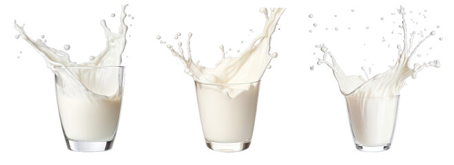 Collection of PNG. Glass of milk with splash isolated on a transparent background.