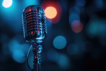 Professional microphone, blue and red lights bokeh background, space for copy