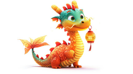 chinese lunar new year celebration illustration featuring a cute dragon with lantern, isolated white background. high-detail artwork for seasonal marketing and promotional use