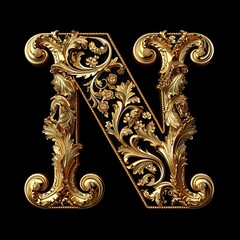 capital letter N, Golden letter on black background, generative ai