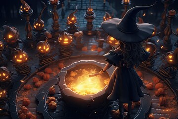 Cute cartoon witch brews a potion in a cauldron, around a candle, pumpkin on a dark background - obrazy, fototapety, plakaty