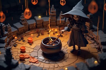 Cute cartoon witch brews a potion in a cauldron, around a candle, pumpkin on a dark background - obrazy, fototapety, plakaty