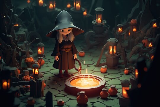 Cute cartoon witch brews a potion in a cauldron, around a candle, pumpkin on a dark background