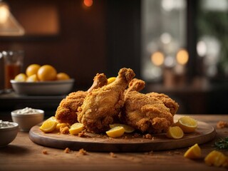 Fried chicken nuggets with sauce and lemon on wooden table - obrazy, fototapety, plakaty