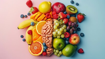Fototapeta na wymiar Brain with fruits, concept of healthy living and eating healthy food