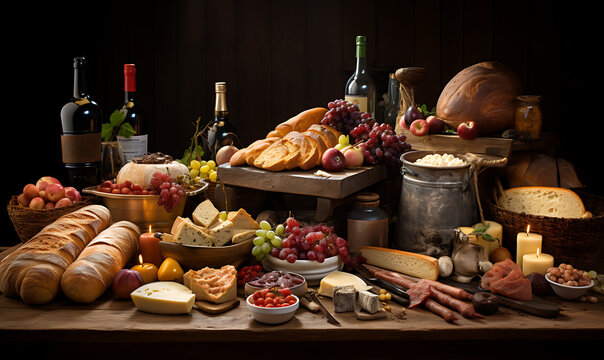 A lots of france food on the table dept of field photography product background AI Image Generative
