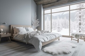 Elegant and serene bedroom with stylish furniture and snowy scenery. Generative AI