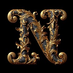capital letter N, Golden letter on black background, generative ai