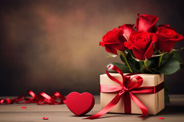 Gift box with beautiful red ribbon and rose, Valentine's Day celebration.