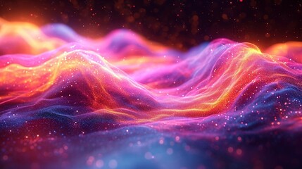 Smooth, holographic neon wave curving elegantly in a 3D space. Rich, iridescent colors on a contrasting background. HD camera effect.