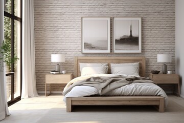 Bedroom with bed, poster, bricks wall, white curtains and lamps. Created with Ai