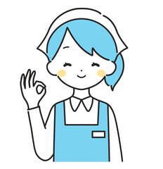 水色｜OKマークの三角巾をした女性店員｜エプロン
