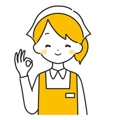 オレンジ色｜OKマークの三角巾をした女性店員｜エプロン