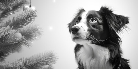 Monochrome young dog next to holiday tree.