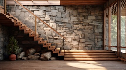 Modern room with stones wall and wooden stairs. Created with Ai
