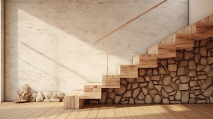 Interior of a room with wooden glossy stairs and wooden floor. Created with Ai