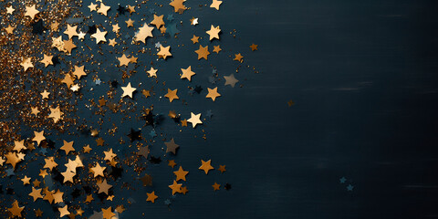 A scattering of gold stars on a dark background. Christmas card frame. Example of a gift card.