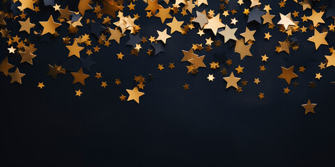 A scattering of gold stars on a dark background. Christmas card frame. Example of a gift card.