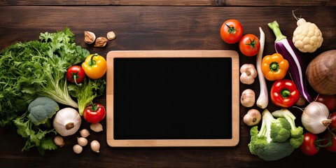 Top view of a cook's close-up hands using a touch screen tablet on a kitchen table, with food ingredients, vegetables, and utensils in the background.