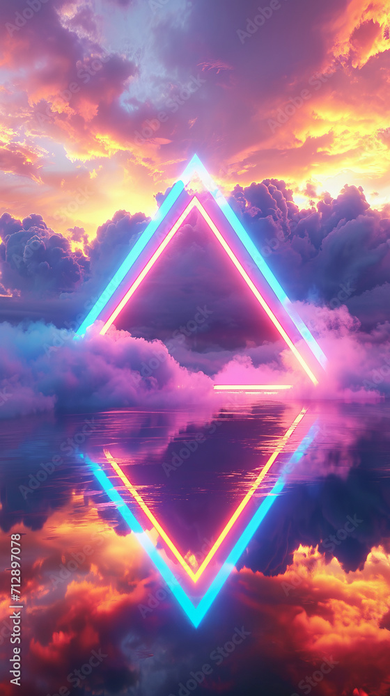 Aufkleber abstract neon glowing triangle surrounded by fog and clouds. modern design background