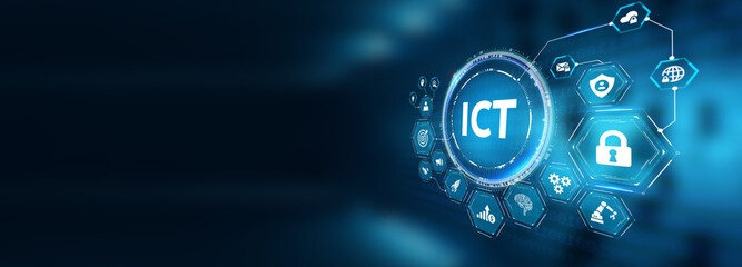 ICT Information communication technology internet concept on virtual screen. 3d illustration - obrazy, fototapety, plakaty
