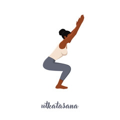Fototapeta na wymiar Woman doing yoga pose,Chair Pose or Utkatasana asana in hatha yoga. Flat vector illustration isolated on white background