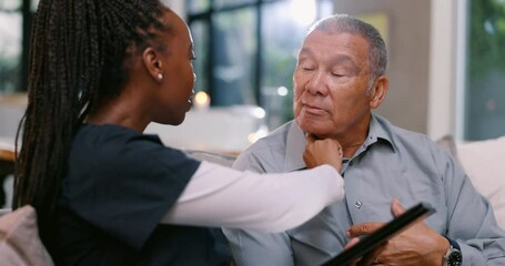 Senior, man and nurse with tablet for consulting, health advisory and healthcare communication on sofa. Elderly, caregiver and patient for discussion, medical results and expert information on couch
