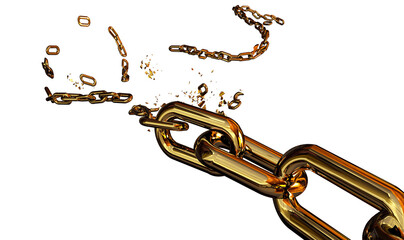 chain breaking break gold golden isolated 3d rendering