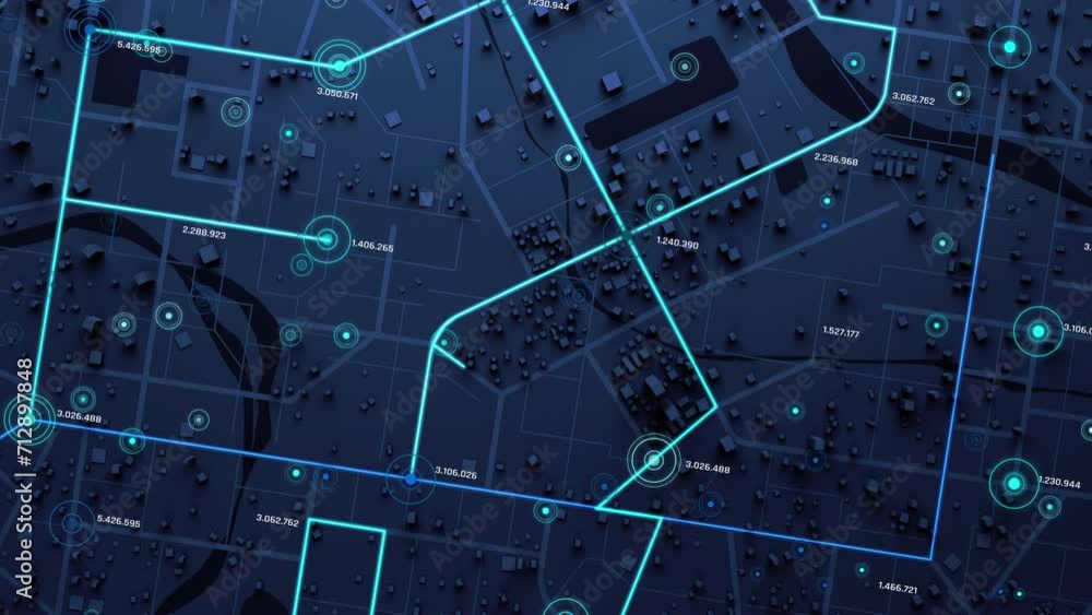 Poster 3d rendering top view city map with navigator line and destination gps technology transportation, fu