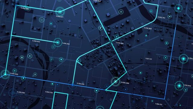 3D Rendering Top view City map with navigator line and destination GPS Technology transportation, Futuristic user interface, HUD Head-up display. Technology and futuristic concept