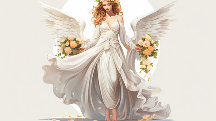 illustration of a very beautiful heavenly angel, very white skinned, dressed in a white wedding dress, wearing a flower crown, standing upright wearing glass shoes without a background, Generate AI
