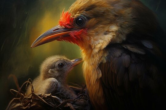 A bird carrying a newborn in its beak. Generative AI