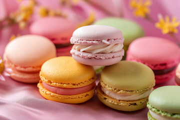 Obraz premium Traditional French cookies deliciously sweet colorful macarons AI Generation