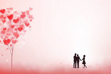 valentines day background.confetti, heart and young couple on pretty pink background.		
