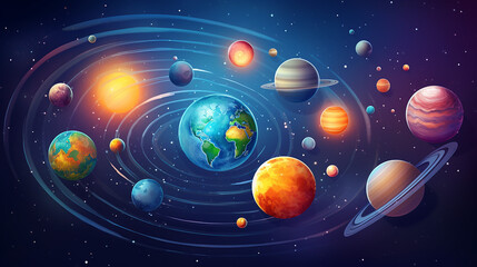 colorful solar system with planets and satellites. galaxy discovery and exploration
