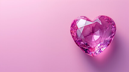 Crystal heart on a purple pink background with copy space, banner, flat lay, top view. Generative AI 