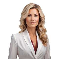 A woman in a brown jacket stands in front of a cityscape backdrop, a scenic landscape