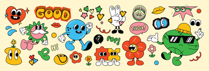 Set of 70s groovy element vector. Collection of cartoon characters, doodle smile face, flower, heart, ball, sun, hand, jigsaw, word. Cute retro groovy hippie design for decorative, sticker, kids.