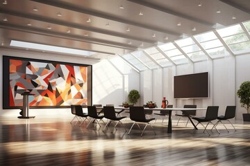 Contemporary conference space with 3D rendering and vacant artwork. Generative AI
