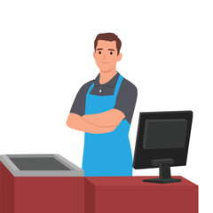 Fototapeta na wymiar Supermarket store counter desk equipment and cashier clerk in uniform folded his hands. Flat vector illustration isolated on white background