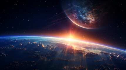 beautiful space scene with sunrise over group of planets in space