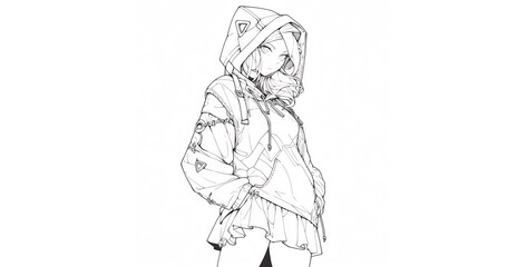 sketch of a girl in a raincoat on a white background, sketch of a girl in winter clothes on the white background, hand drawn sketch drawing of a person