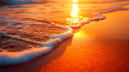 Fotobehang Beach sunset with sun reflection in sea water. Sunset over ocean in Goa. Closeup sea sand beach. Panoramic beach landscape. Inspire tropical beach sunset horizon, generative ai © Chaman